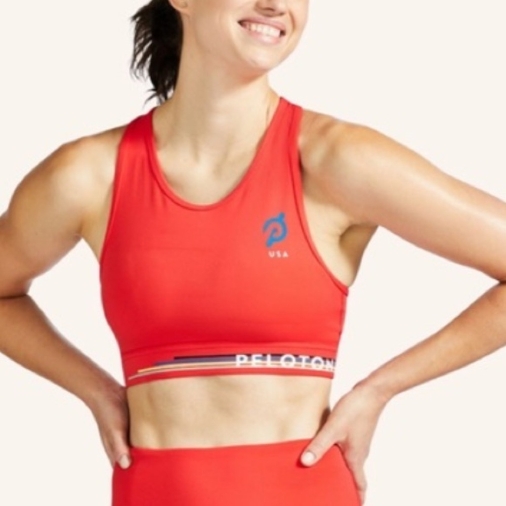 Peloton Logo High neck striped Scarlet Racerback Sports Bra 2521